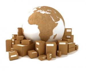 Cardboard textured world Europe oriented with a heap of packages